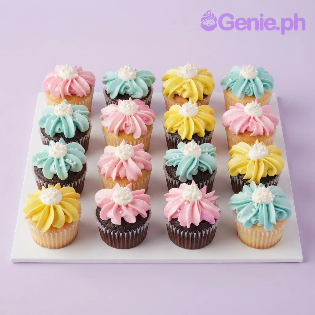 Assorted cupcakes with pink, yellow, and mint green piped flower icing and white pearl sprinkles on a white tray Assorted cupcakes with pink, yellow, and mint green piped flower icing and white pearl sprinkles on a white tray