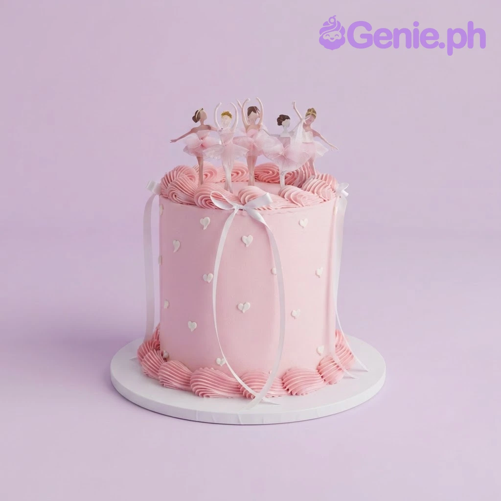 Ballerina Pink Cake Pink 1-tier cake with soft icing, ballerina cake toppers, and a white satin ribbon bow