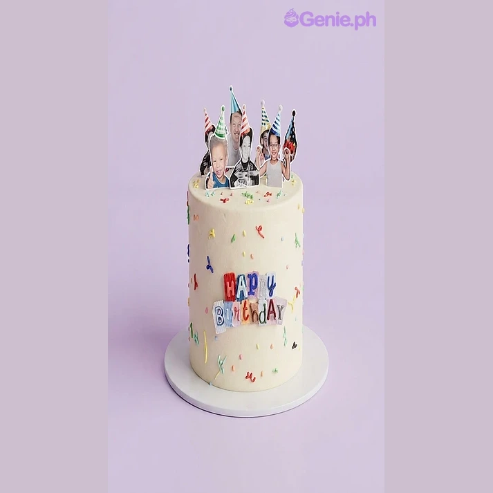Birthday Photo Ivory Memory Cake Light yellow 1-tier Memory Cake with soft icing, colorful sprinkles, and photo cutouts of people wearing party hats