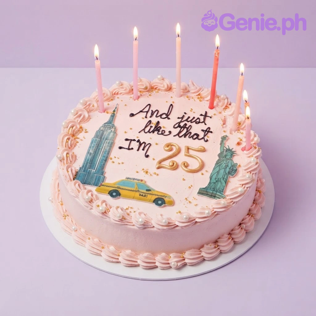 New York Birthday Pink Rosette Cake Pink 1-tier cake with smooth soft icing, piped rosette borders, and New York themed printouts