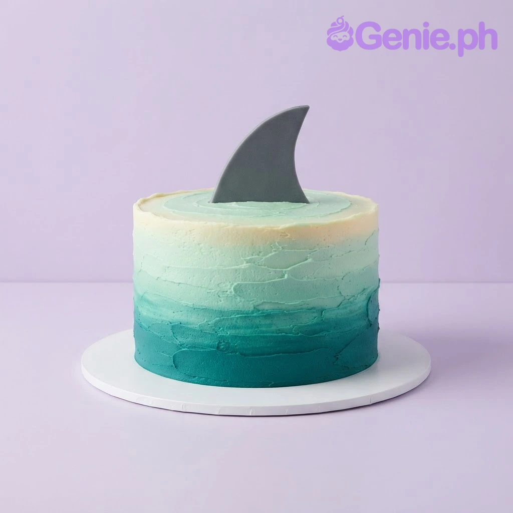 Shark Ocean Sky Blue Birthday Cake Ombre blue 1-tier cake with soft icing, a shark fin topper, and a white cake stand