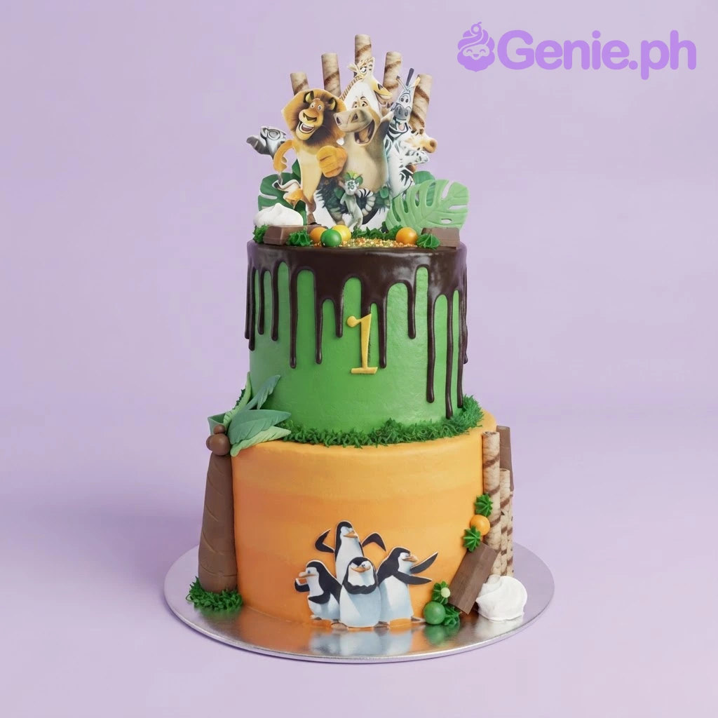 Madagascar-Inspired Jungle 2-Tier Birthday Cake Green and orange 2-tier birthday cake with a Madagascar character printout, chocolate drip, and wafer roll accents