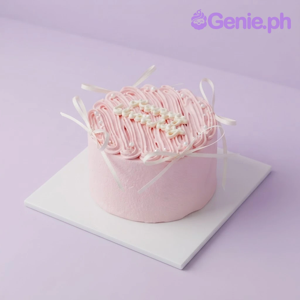 Pink Minimalist Birthday Cake Pink 1-tier soft icing cake with piped vertical lines, white ribbon bows, and sugar pearls