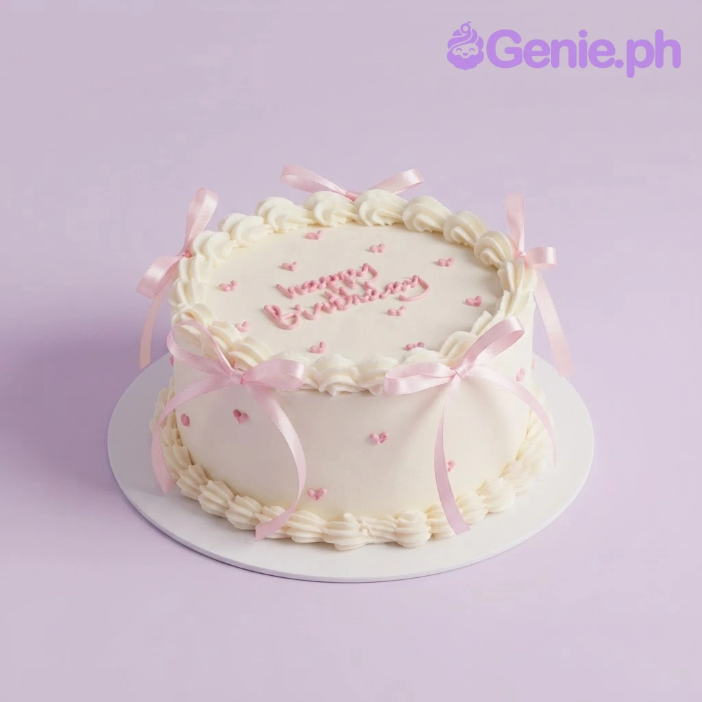 Pink Minimalist White Birthday Cake White 1-tier birthday cake with smooth soft icing, piped rosettes, pink ribbon bows, and pink piped hearts