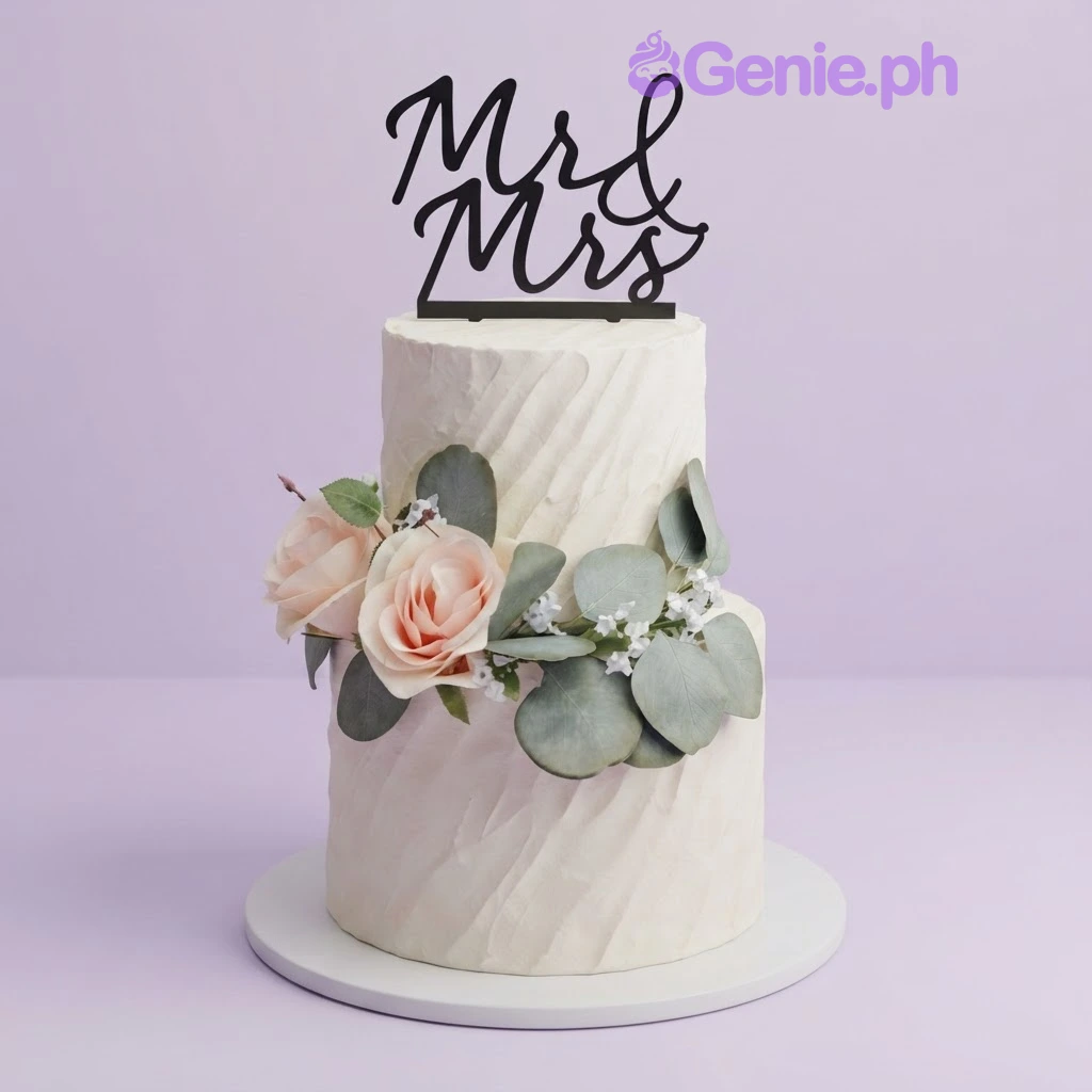 Wedding White Floral 2-Tier Cake White 2-tier soft icing wedding cake with a black Mr and Mrs cardstock topper and artificial pink roses with eucalyptus leaves
