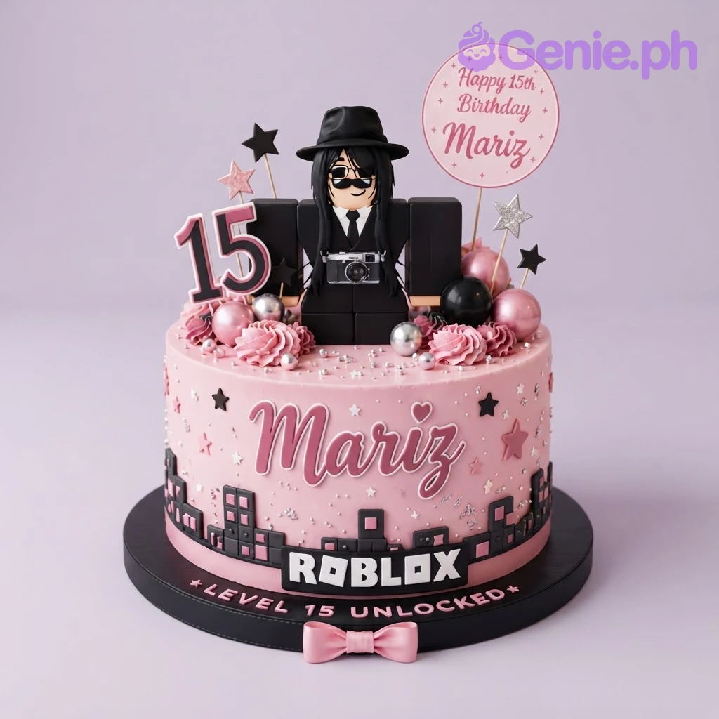 Roblox-Inspired Birthday Pink Silhouette Cake Pink 1-tier cake with a Roblox character cutout, cityscape silhouette, and personalized birthday message printouts
