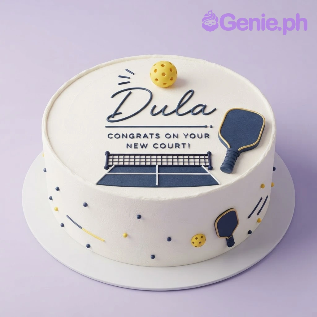 Pickleball White Birthday Cake White round cake with a pickleball court, paddle, and ball fondant toppers, featuring the name Dula and a congratulatory message