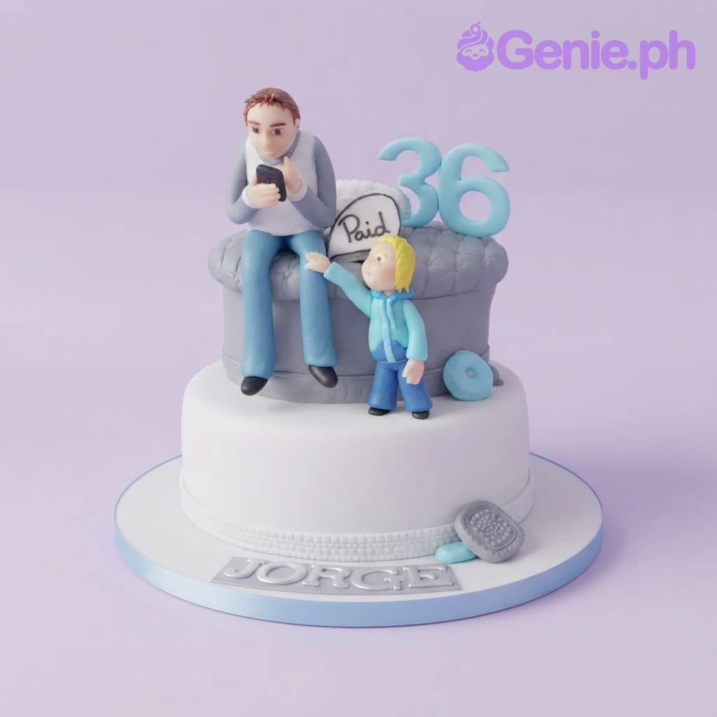 Birthday White 2-Tier Cake White 2-tier fondant birthday cake with sculpted figures, a blue number 36, and a personalized name board