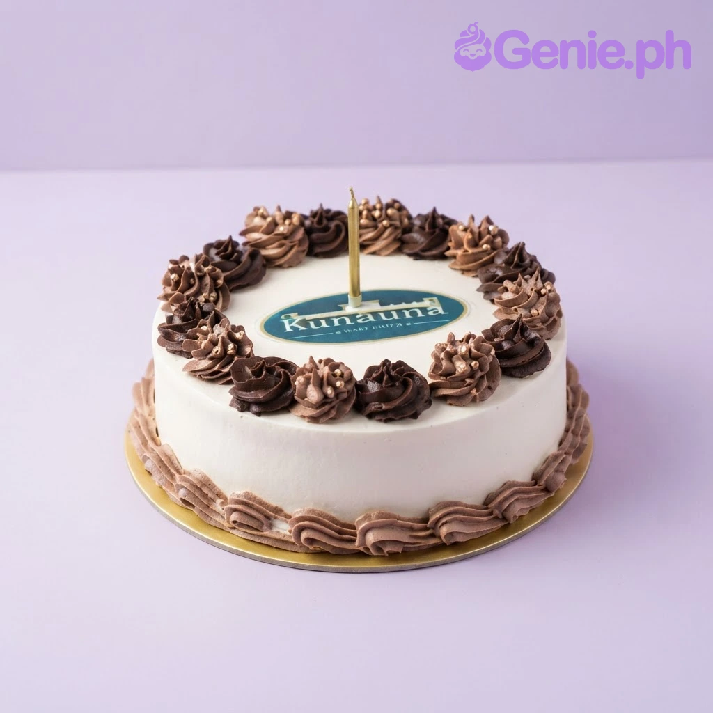 Corporate Logo White Birthday Cake White 1-tier cake with soft icing, a printed corporate logo on top, chocolate piped rosettes, and a single candle