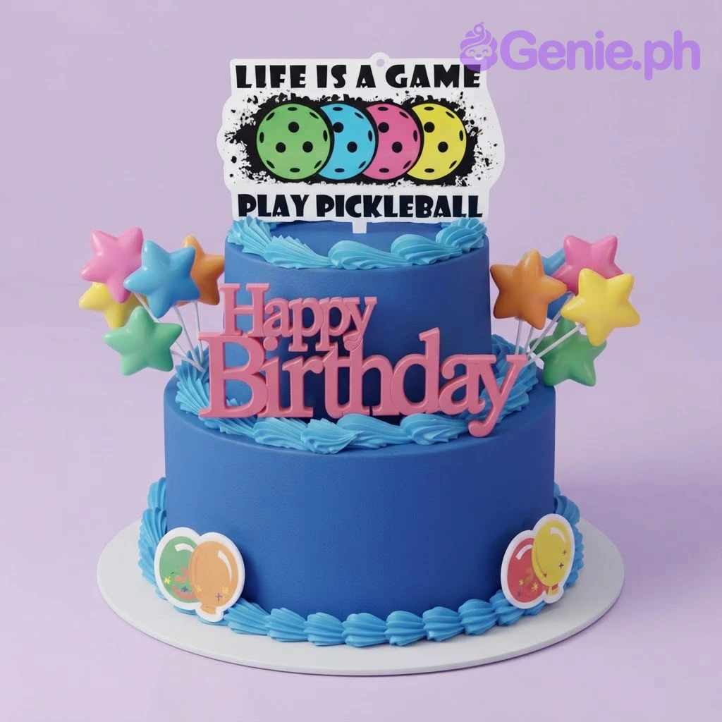 Pickleball Birthday Blue 2-Tier Cake Blue 2-tier cake with soft icing, a pickleball printout topper, a pink Happy Birthday cardstock sign, and colorful star accents