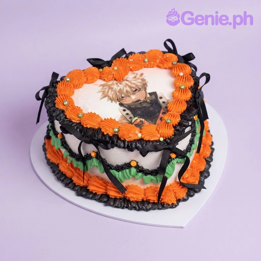 Anime Heart White Birthday Cake White heart cake with an anime character photo top, orange piped rosettes, green side ruffles, and black ribbon bows