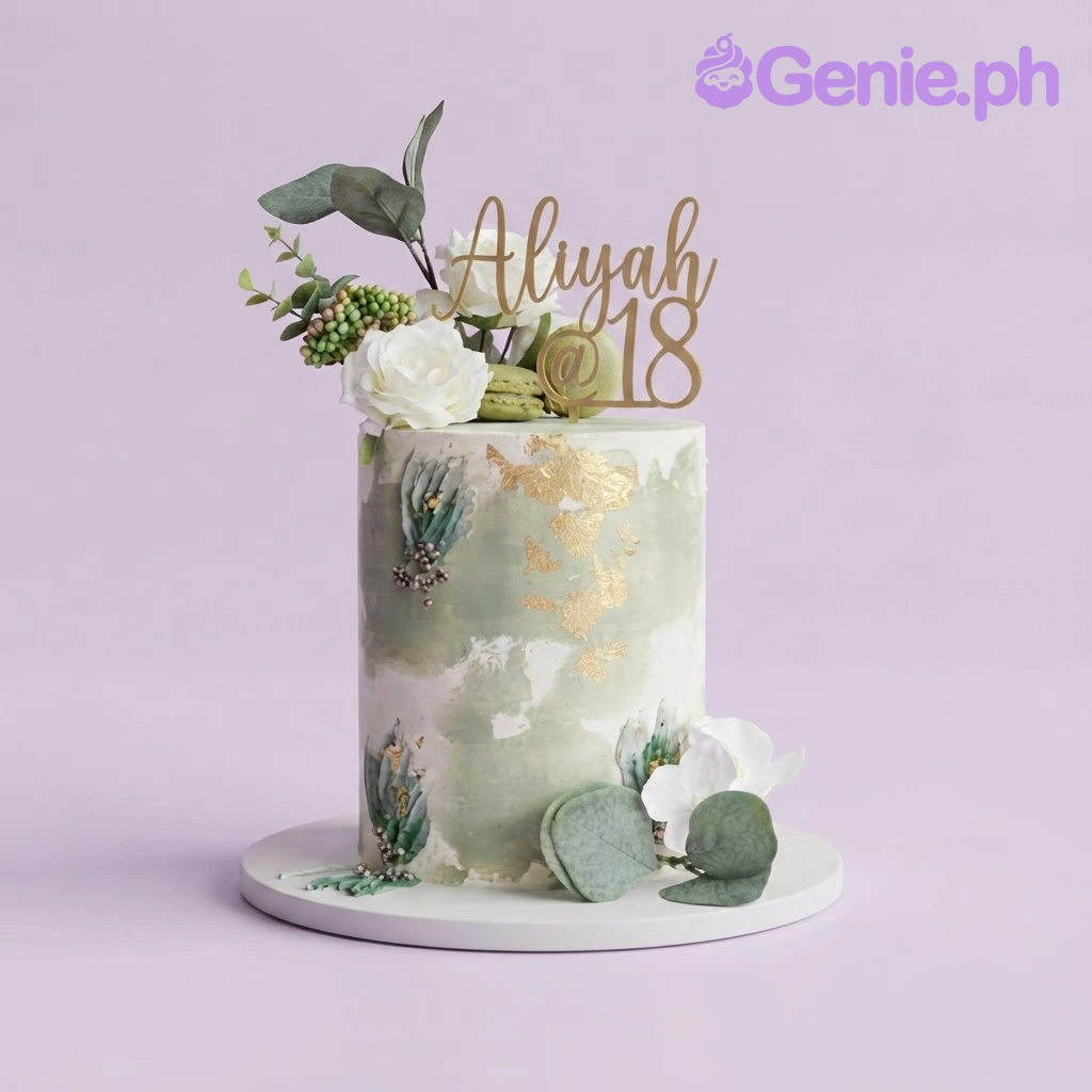 Sage Green Birthday Floral Cake Sage green 1-tier soft icing birthday cake with gold leaf flakes, floral arrangement, and gold acrylic topper