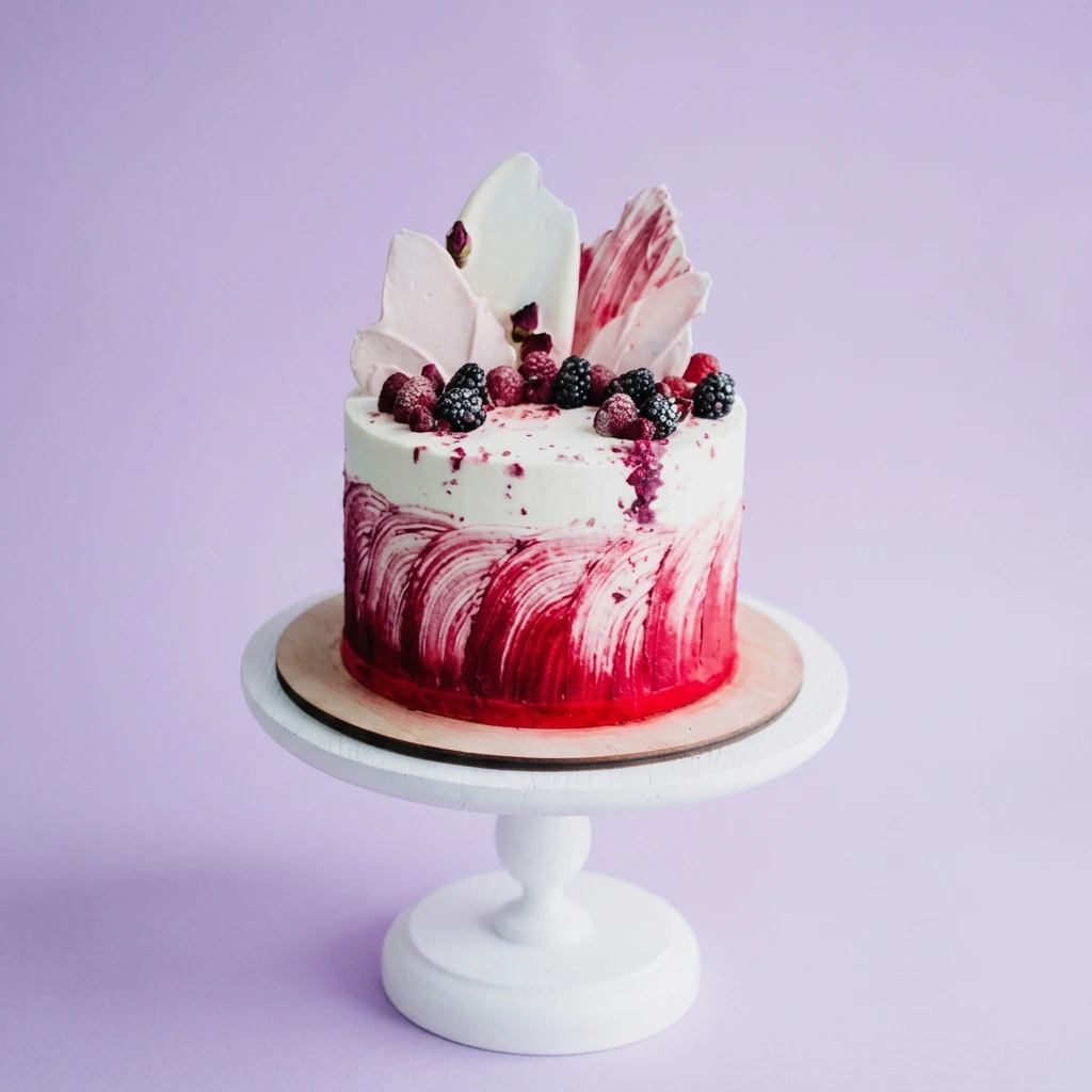 White single tier cake with red palette knife icing and fresh berry toppings
