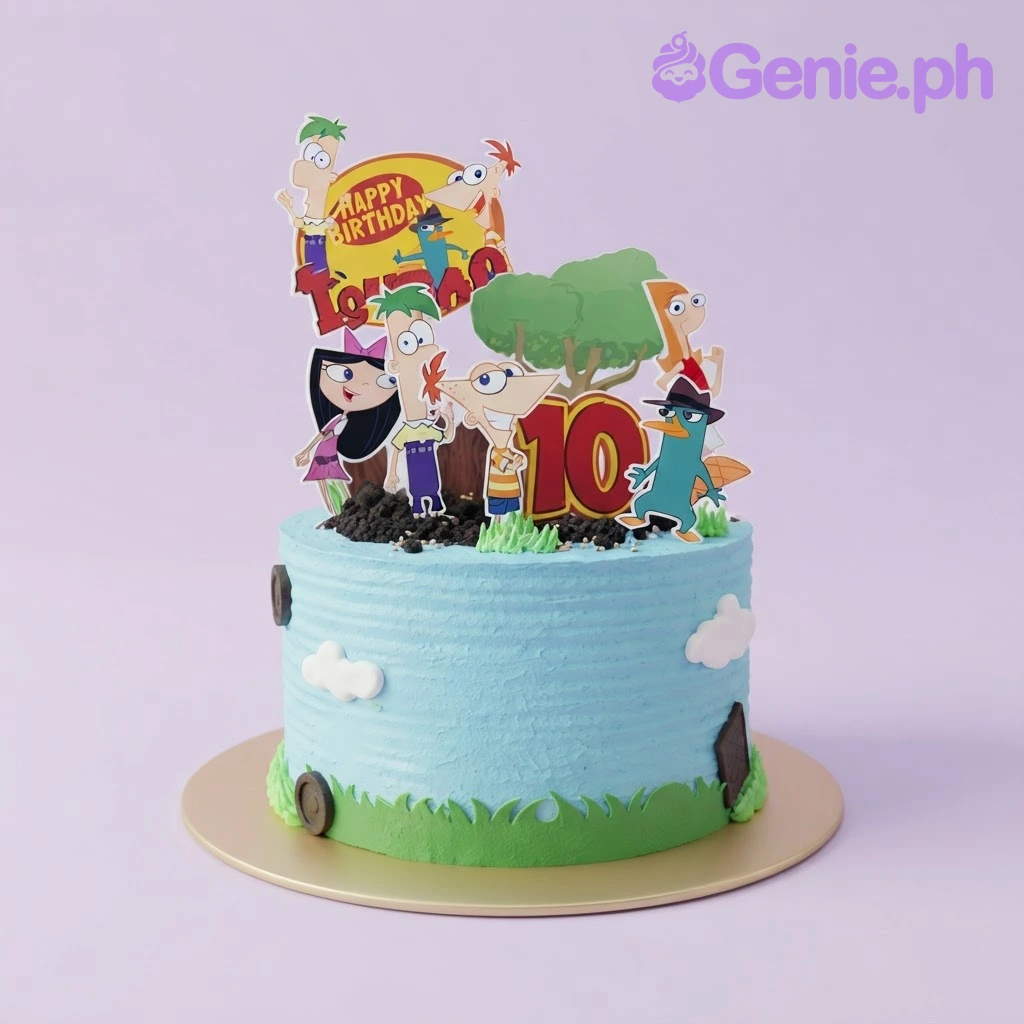 Phineas And Ferb Sky Blue Cake Sky blue 1-tier cake with soft icing, Phineas and Ferb character printouts, and a green grass border