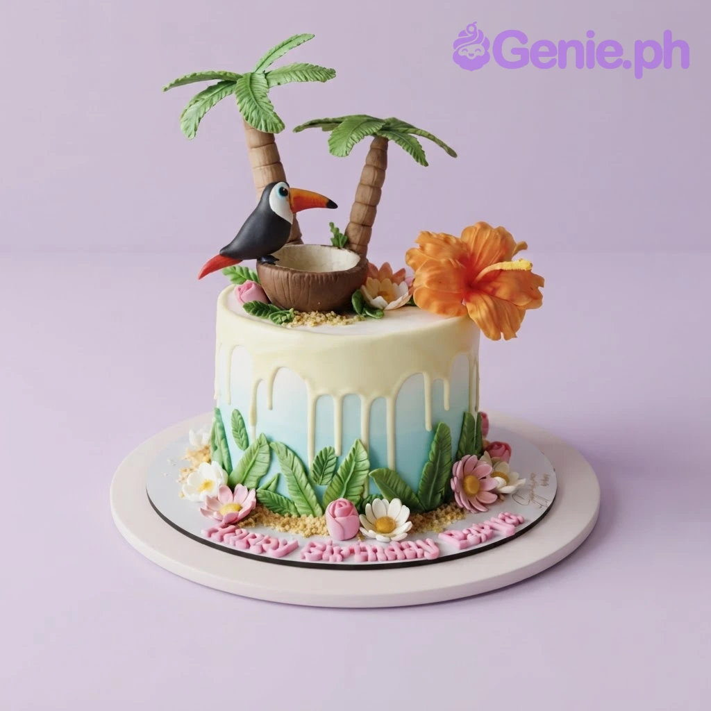 Tropical Ivory Floral Cake Soft yellow and sky blue 1-tier cake with smooth gradient icing, a tropical theme, a toucan figurine, and palm trees