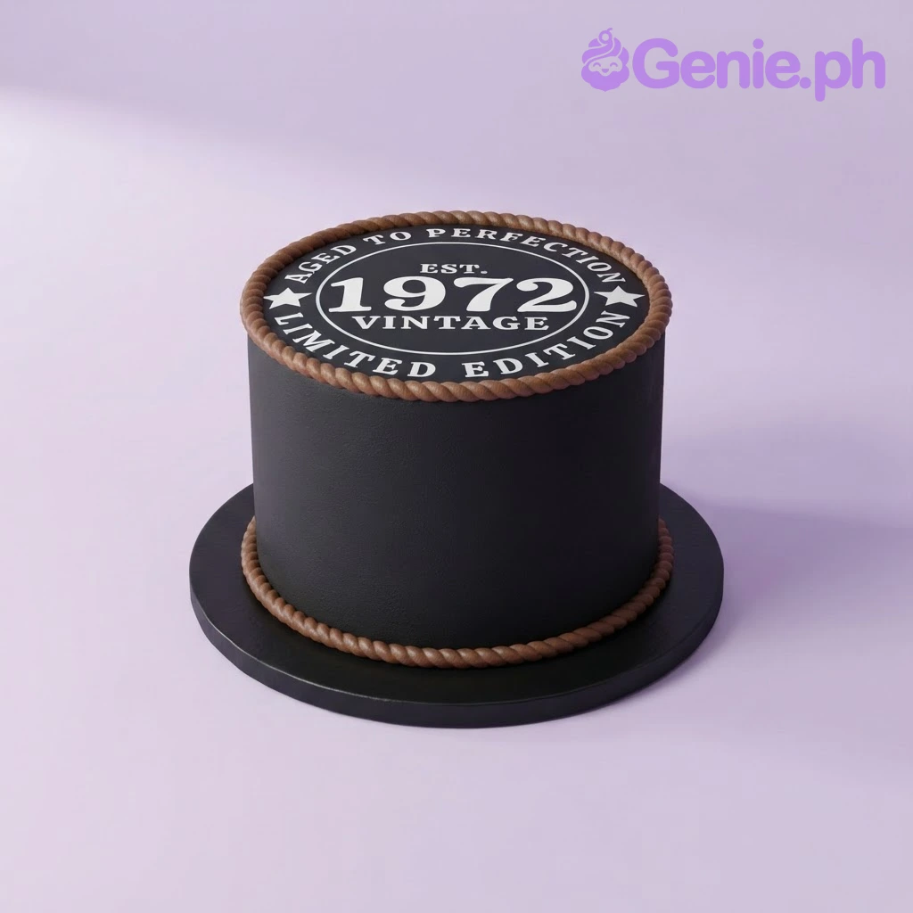 Vintage Birthday Black Cake Black 1-tier fondant birthday cake with a vintage 1972 label edible photo and brown rope borders