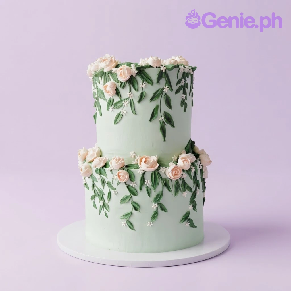 Floral Vine Mint 2-Tier Cake Mint green 2-tier cake with soft icing, floral vine theme, peach peony flowers, and green foliage vines