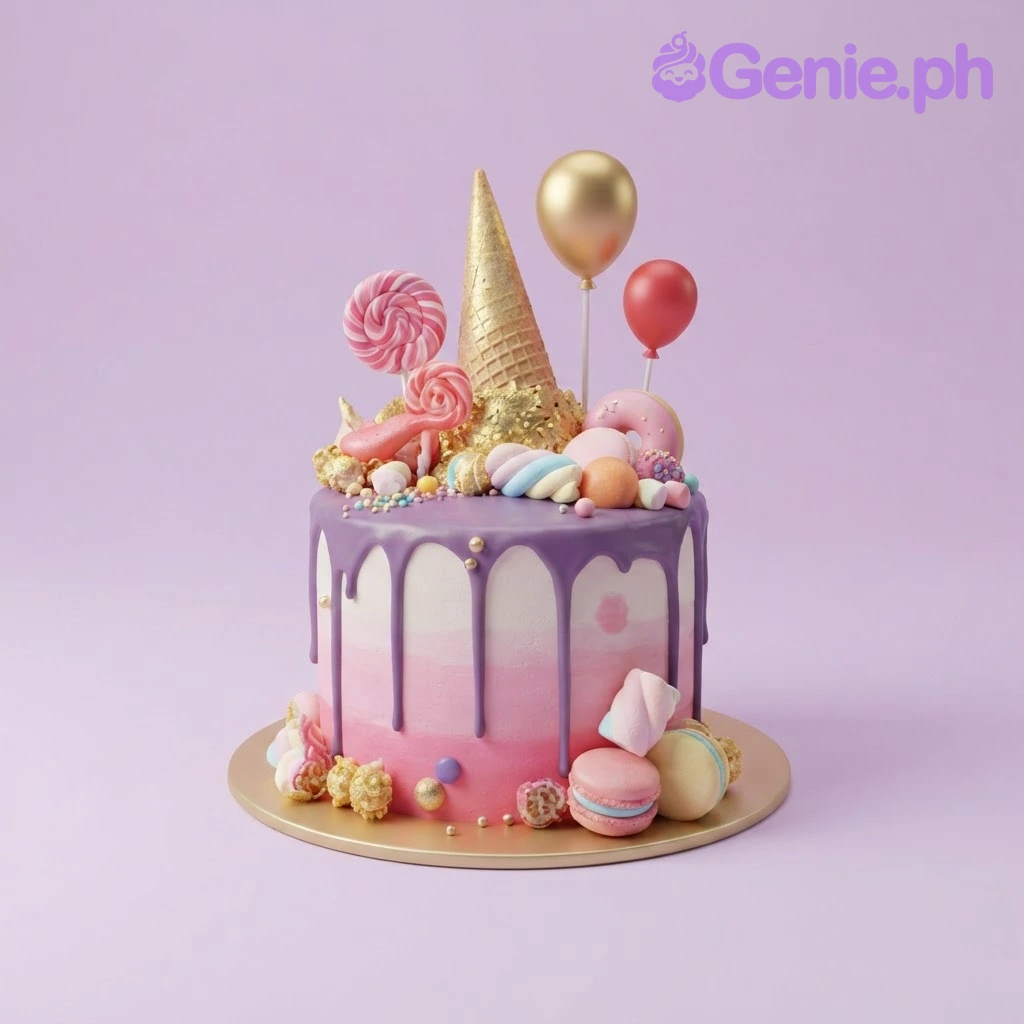 Pink and purple gradient cake with a purple drip, topped with an ice cream cone, lollipops, balloons, macarons, and marshmallows Pink and purple gradient cake with a purple drip, topped with an ice cream cone, lollipops, balloons, macarons, and marshmallows