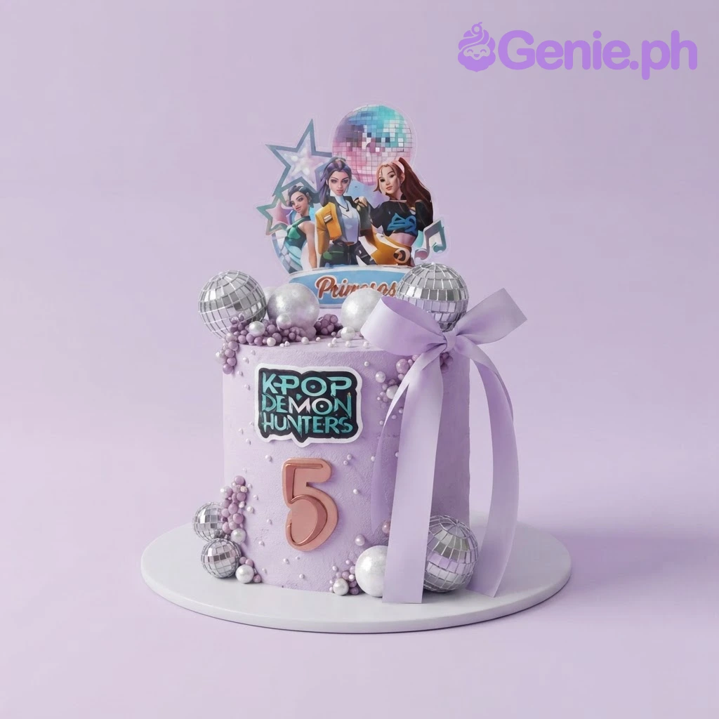 Kpop-Inspired Birthday Lavender Bow Cake Lavender 1-tier cake with soft icing, k-pop character printout topper, disco balls, and a ribbon bow