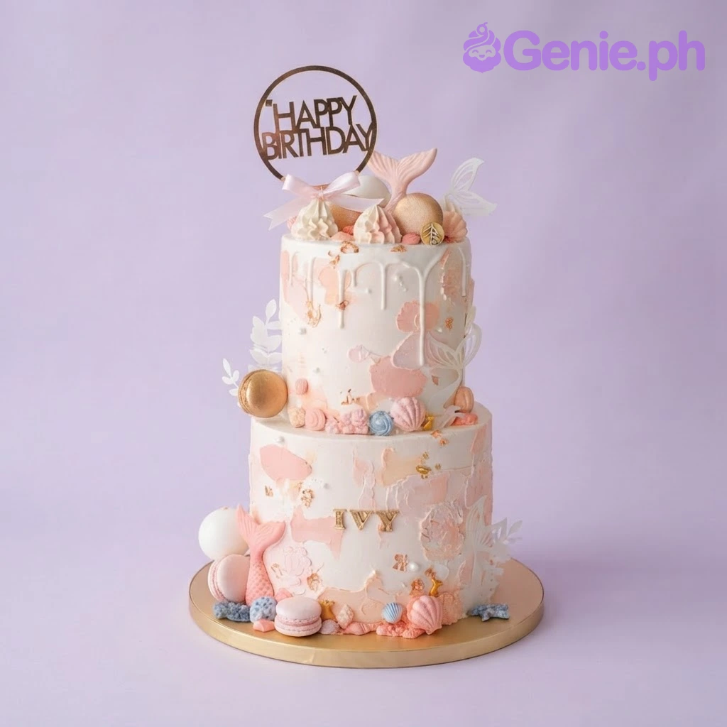 Mermaid Birthday Floral 2-Tier Cake White 2-tier cake with soft icing, a mermaid birthday theme, a pink fondant mermaid tail, and a rose gold cardstock topper