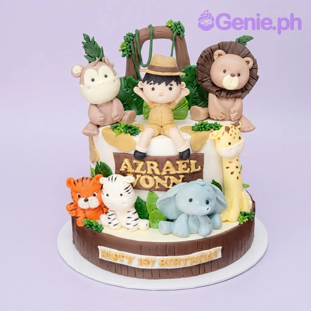 Safari Birthday White 2-Tier Cake White 2-tier fondant safari birthday cake with multiple handmade animal figurines and a boy topper
