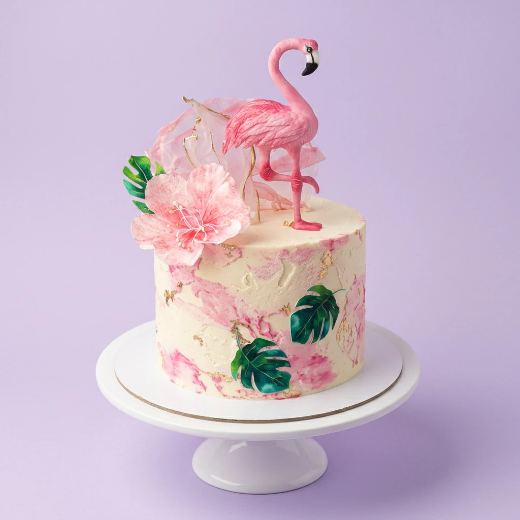 White single-tier cake with pink watercolor icing, a pink flamingo topper, and green tropical leaves