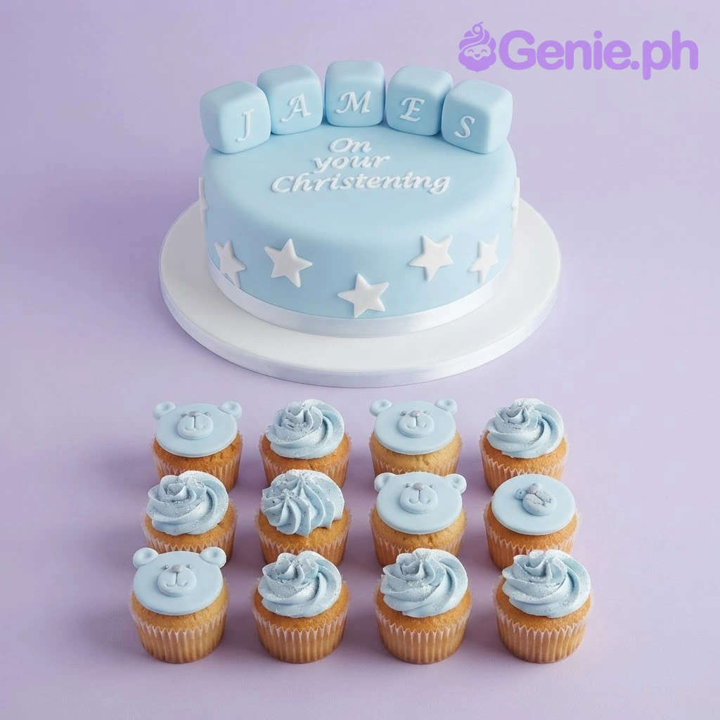 Christening Bear Sky Blue Cake Light blue fondant cake with letter blocks and white stars, accompanied by a cupcake tower featuring piped icing swirls and bear faces