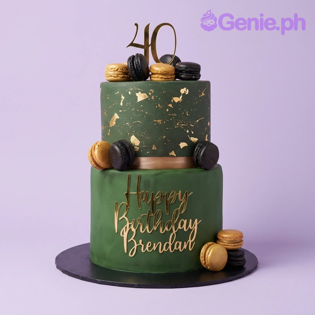 40th Birthday Green Gold 2-Tier Cake A dark green two-tier fondant 40th birthday cake, featuring a gold 40 topper, gold splatter, and black and gold macarons.