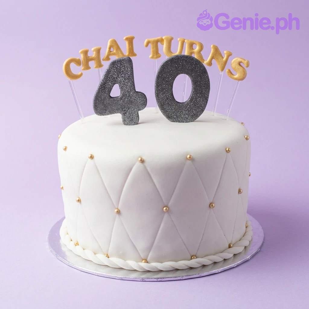 40th Birthday White Glitter Cake White fondant cake with quilted diamond pattern and gold pearls, topped with a glittery number 40 and Chai Turns message.