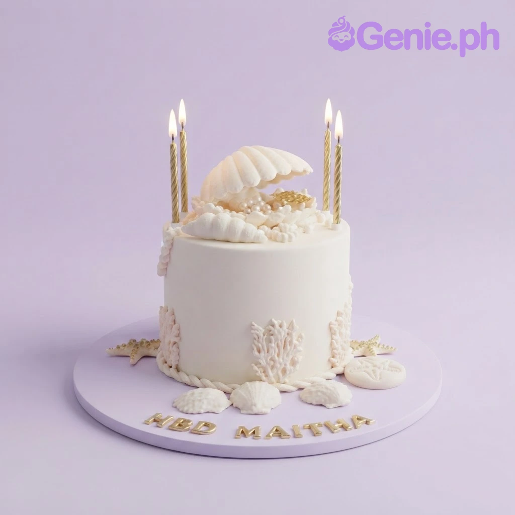 Mermaid Beach Ivory Pearl Birthday Cake Beige 1-tier soft icing cake with a large open seashell topper, gold candles, and molded white seashells