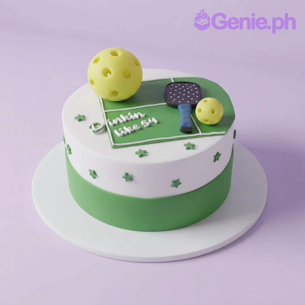Pickleball Birthday Cake White and green 1-tier birthday cake with a pickleball court topper and green star accents