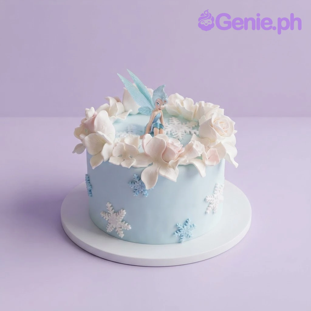 Tinkerbell-Inspired Winter Sky Blue Birthday Cake Light blue 1-tier cake with soft icing, a Tinkerbell figurine, white fondant roses, and blue and white snowflake accents