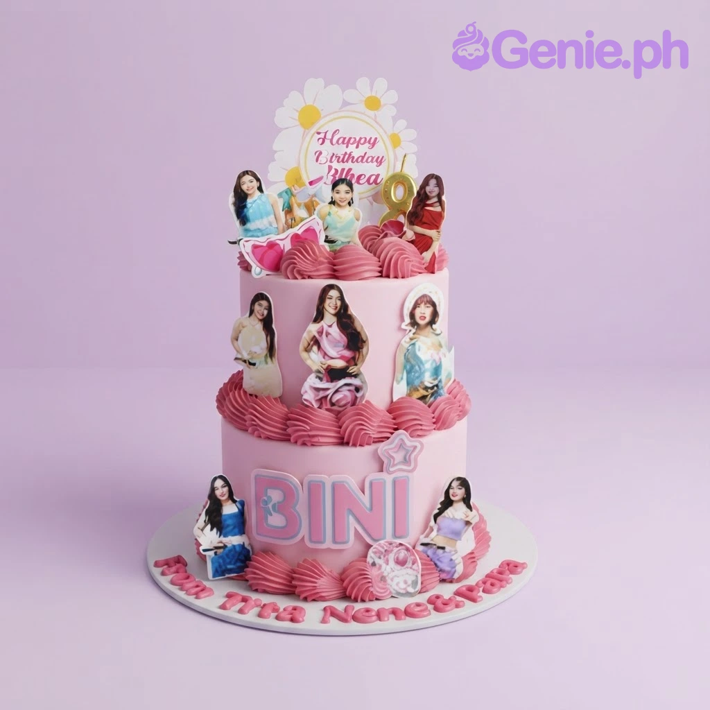 Bini Kpop-Inspired Pink 2-Tier Birthday Cake Pink 2-tier birthday cake with smooth soft icing, hot pink piped rosette borders, and Bini printouts