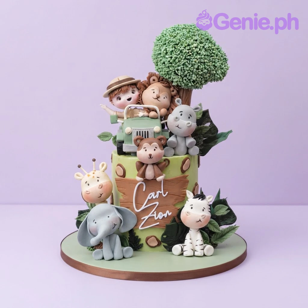 Safari Jungle Mint Birthday Cake Light green single-tier birthday cake with soft icing, a safari jeep, and multiple sculpted animal figurines
