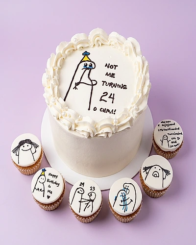White single tier bento cake with hand-drawn Flork character and black icing message