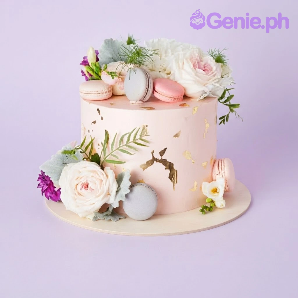 Peach Floral Macaron Cake Peach 1-tier cake with soft icing, gold leaf flakes, pastel macarons, and white floral arrangements