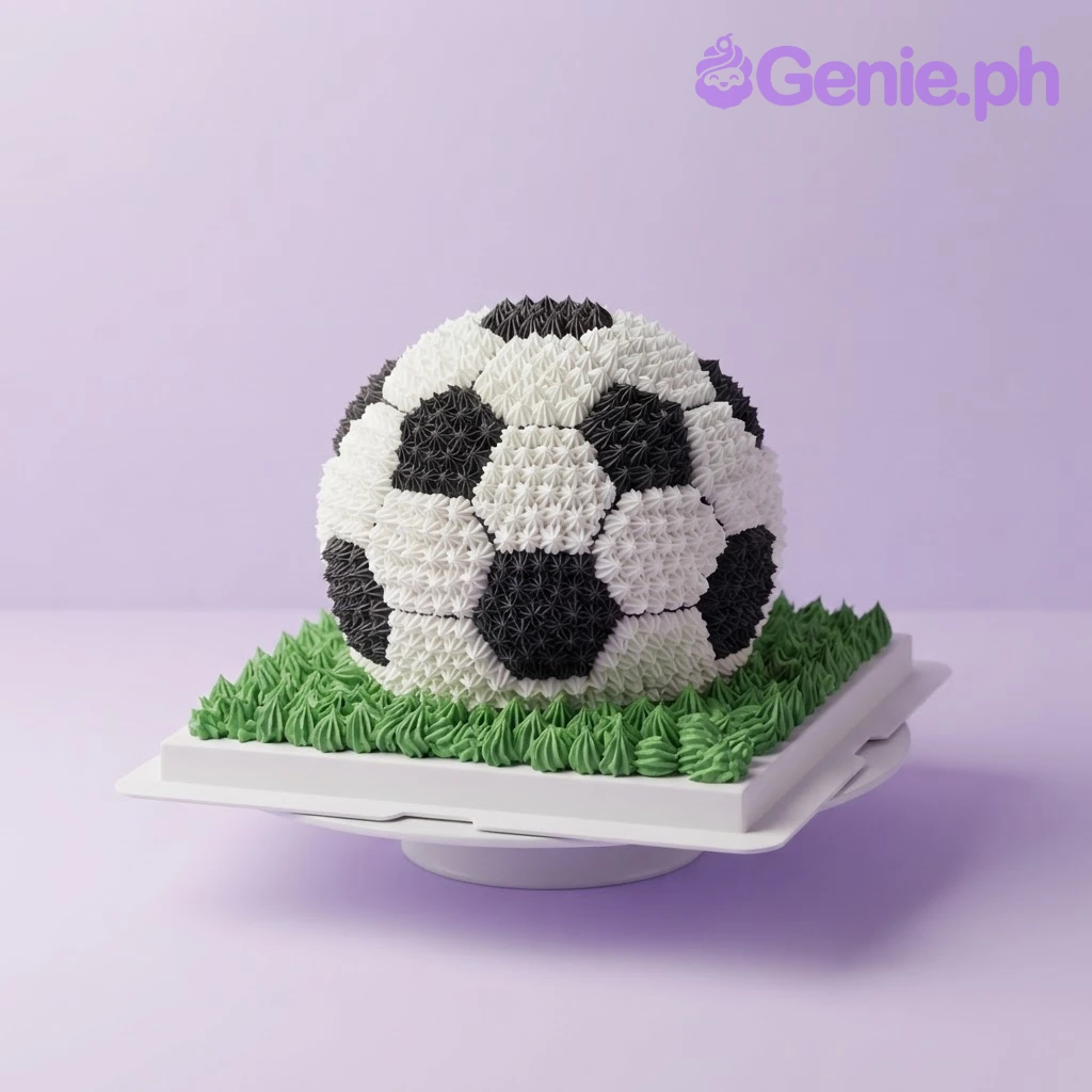 Soccer Ball Birthday Cake White and black piped soccer ball cake resting on green grass icing on a square board