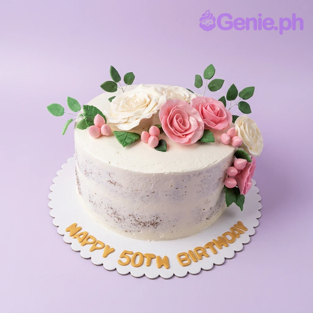 50th Birthday Floral White Cake A white 1 Tier cake, themed 50th Birthday Floral, featuring pink and white gumpaste roses, green leaves, and gold lettering.