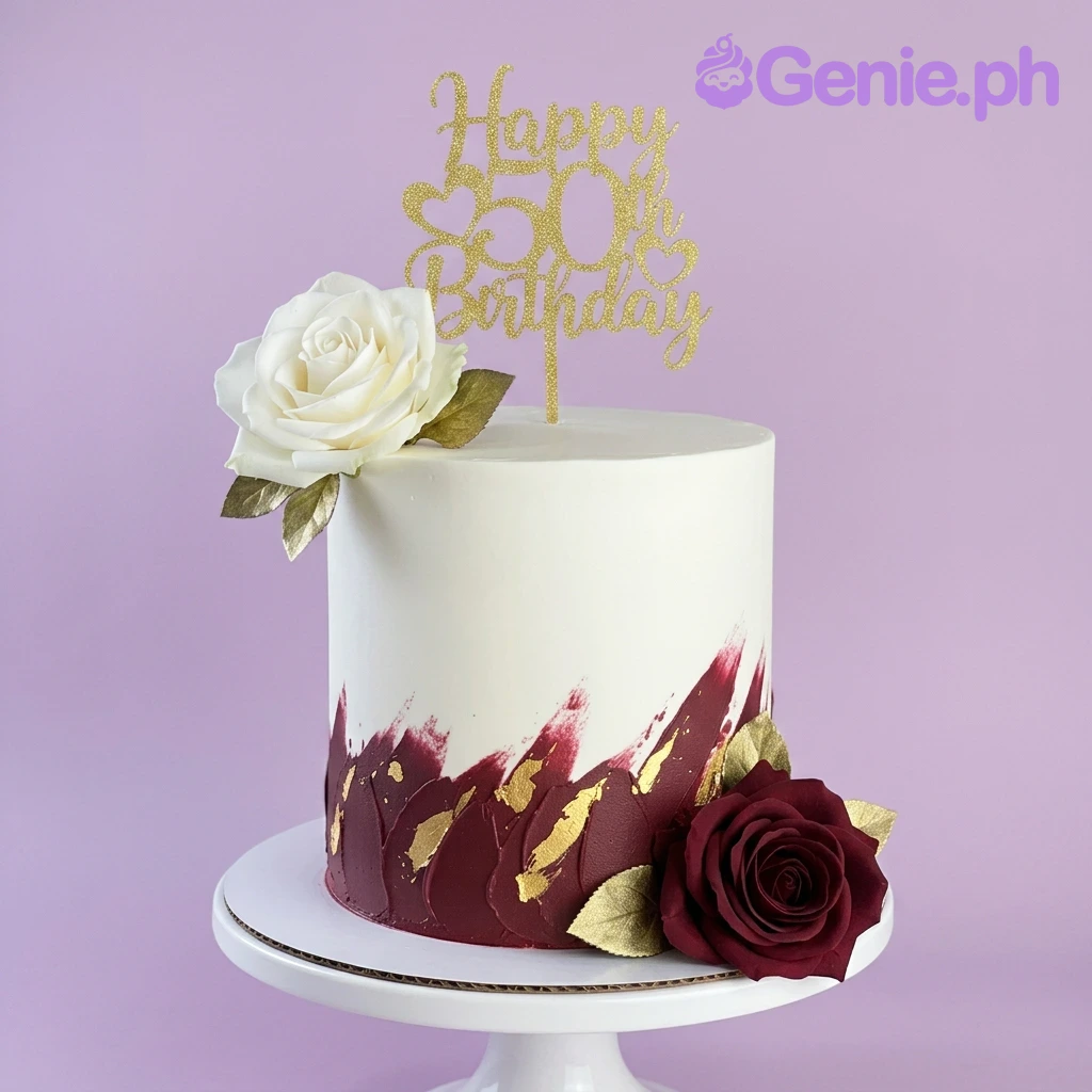 50th Birthday Floral Cake A white and burgundy 1-tier 50th Birthday cake, with 'Happy 50th Birthday' topper, roses, and gold leaf.