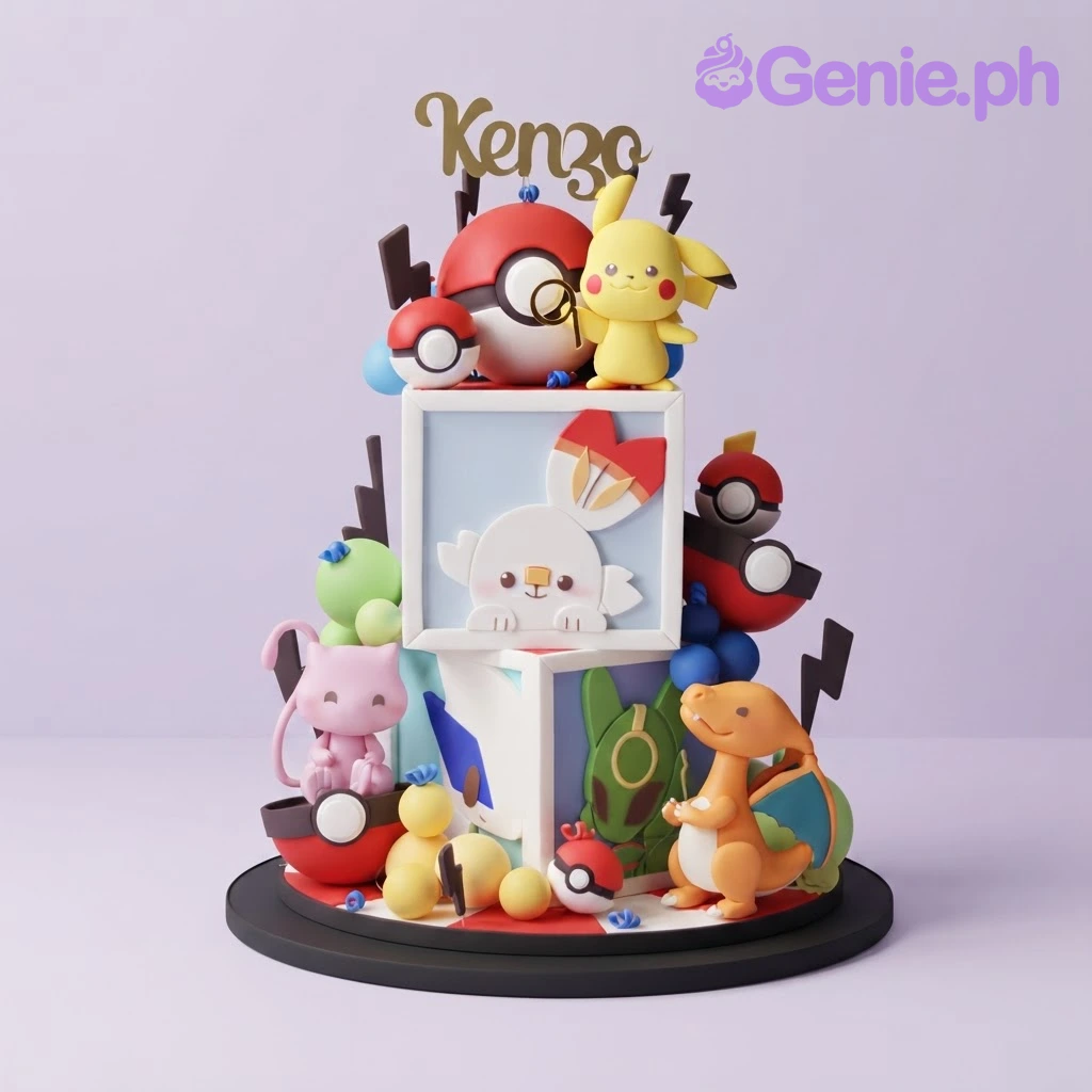 Pokemon-Inspired 2-Tier Birthday Cake A 2-tier fondant block cake featuring Pokemon characters like Pikachu, Mew, and Charizard with Pokeball toppers and a Kenzo name sign