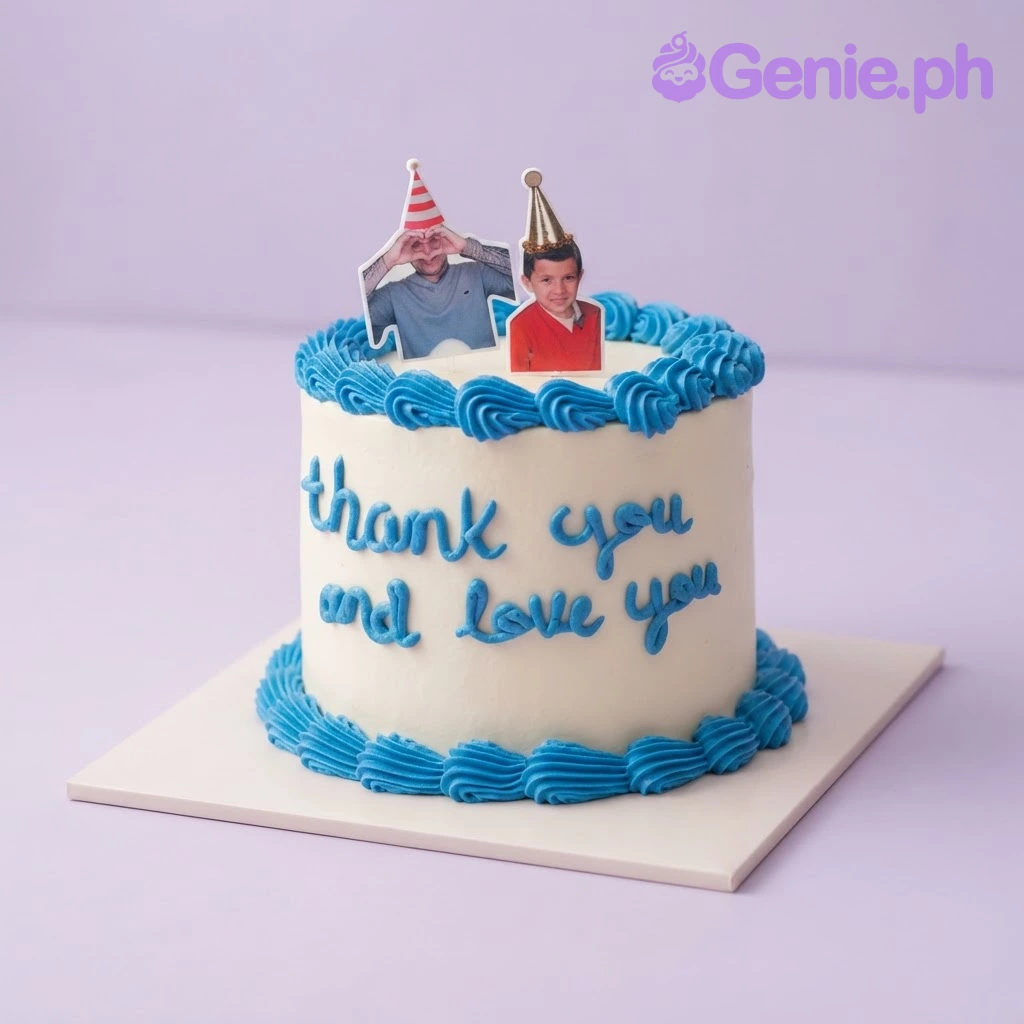 White 1-tier cake with smooth soft icing, blue piped borders, and two printed photo cutouts of people wearing party hats White 1-tier cake with smooth soft icing, blue piped borders, and two printed photo cutouts of people wearing party hats