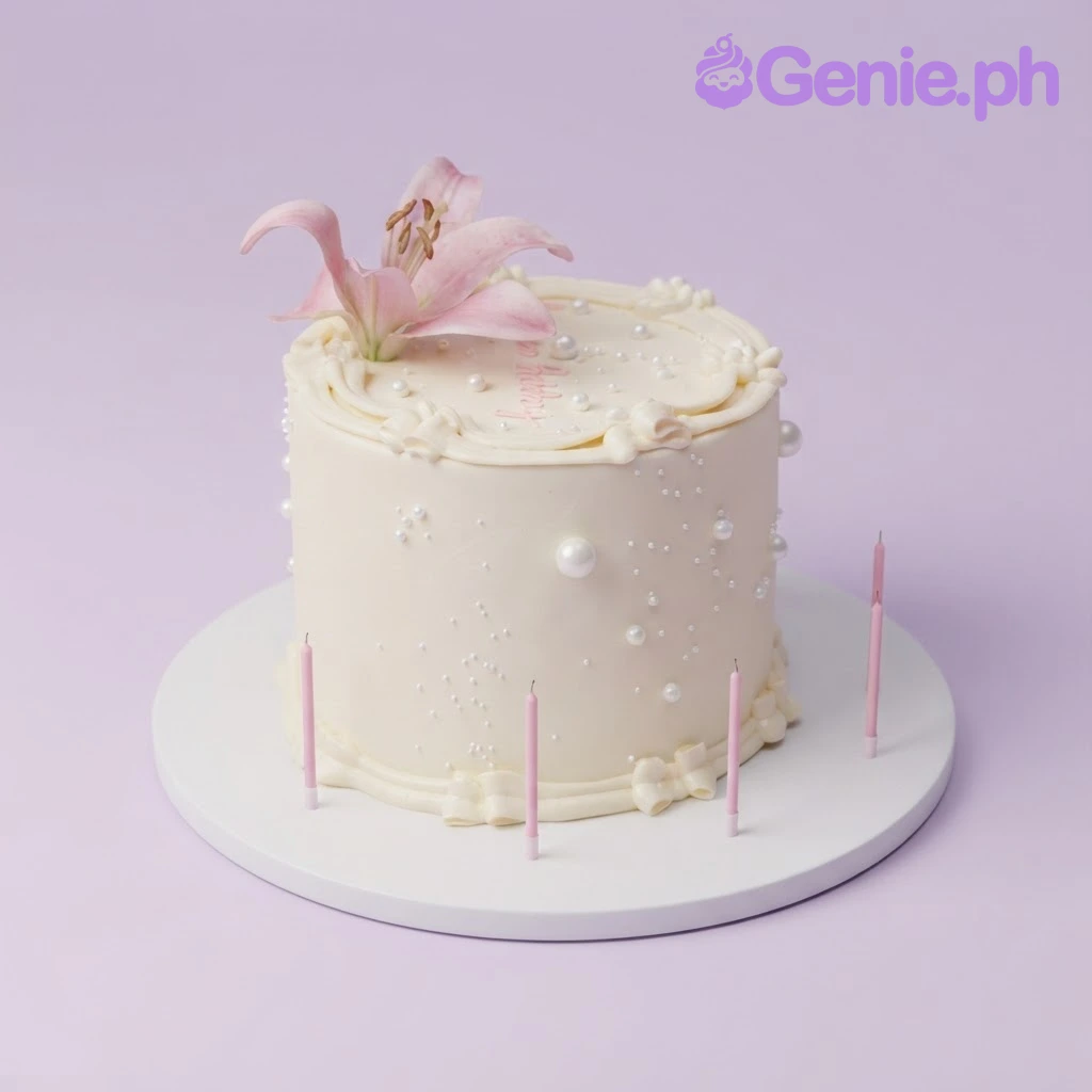 Floral Pearl White Birthday Cake White 1-tier cake with soft icing, pink lily flowers, white sugar pearls, and piped script message