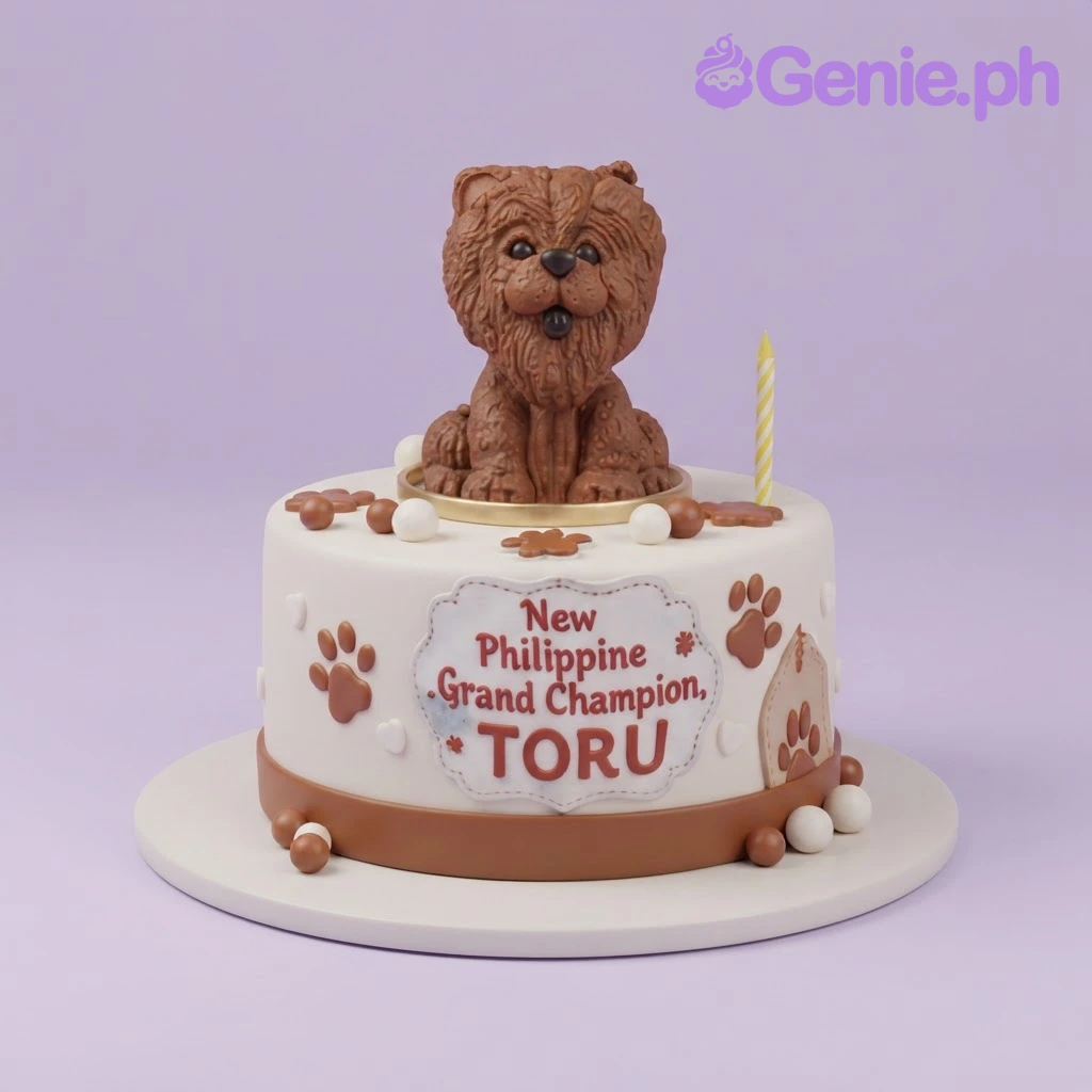Dog Champion Ivory Birthday Cake Beige 1-tier cake with a sculpted brown dog figurine, a printed champion message plaque, and brown fondant paw print accents