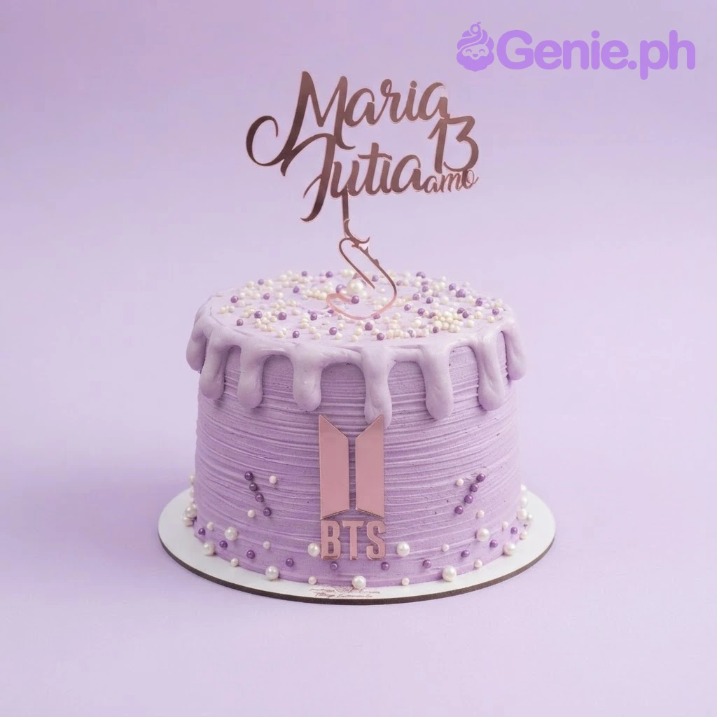 BTS-Inspired Purple Lavender Cake Soft lavender 1-tier cake with smooth icing, a cardstock name topper, and a BTS logo printout