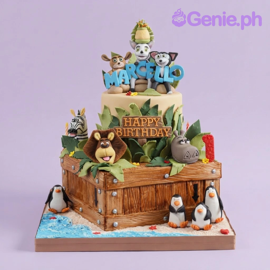 Two-tier Madagascar themed fondant cake with sculpted animal heads, penguin figures, and a wooden crate design Two-tier Madagascar themed fondant cake with sculpted animal heads, penguin figures, and a wooden crate design
