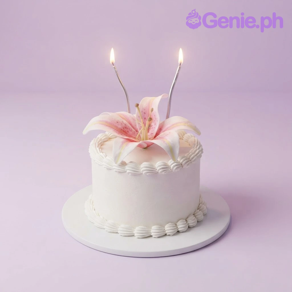 Lily White Floral Cake White single tier cake with soft icing, large pink and white lily flower topper, and lit curved candles