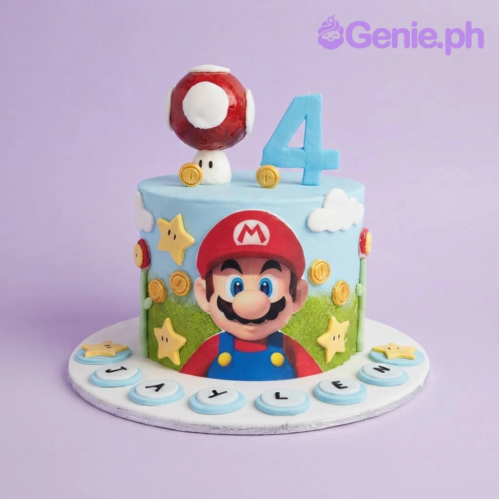 Super Mario-Inspired Sky Blue Birthday Cake Sky blue 1 tier birthday cake with a Mario edible photo, a super mushroom topper, and a blue number four