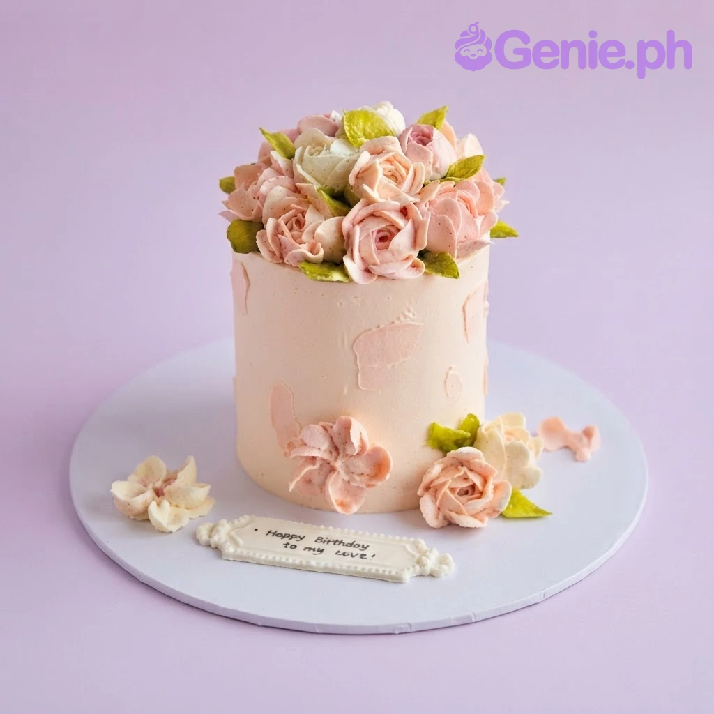 Floral White Cake Crisp white 1-tier cake with smooth soft icing, floral cake theme, piped buttercream roses, and pink blossoms