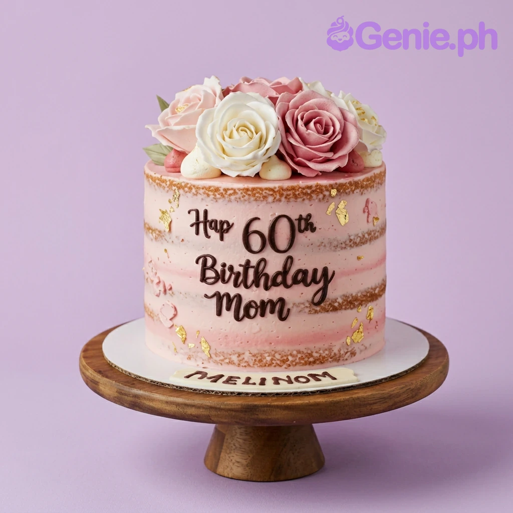 60th Birthday Mom Pink Floral Cake Pink semi-naked 60th birthday cake for mom decorated with large pink and white edible roses and gold leaf accents.