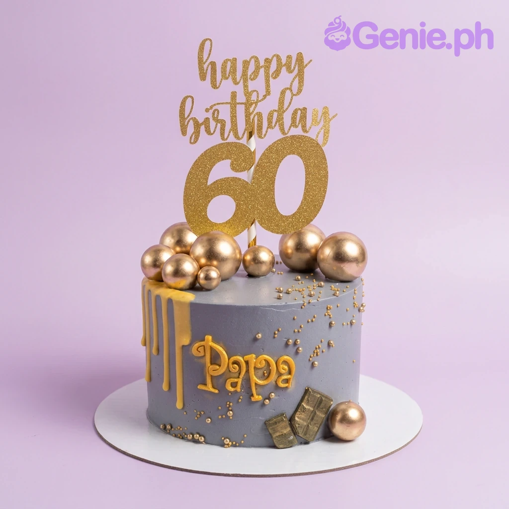 60th Birthday Papa Gray Drip Cake A gray 1-tier cake for Papa's 60th birthday, with gold drip, 'Happy Birthday' and '60' toppers, and gold spheres.